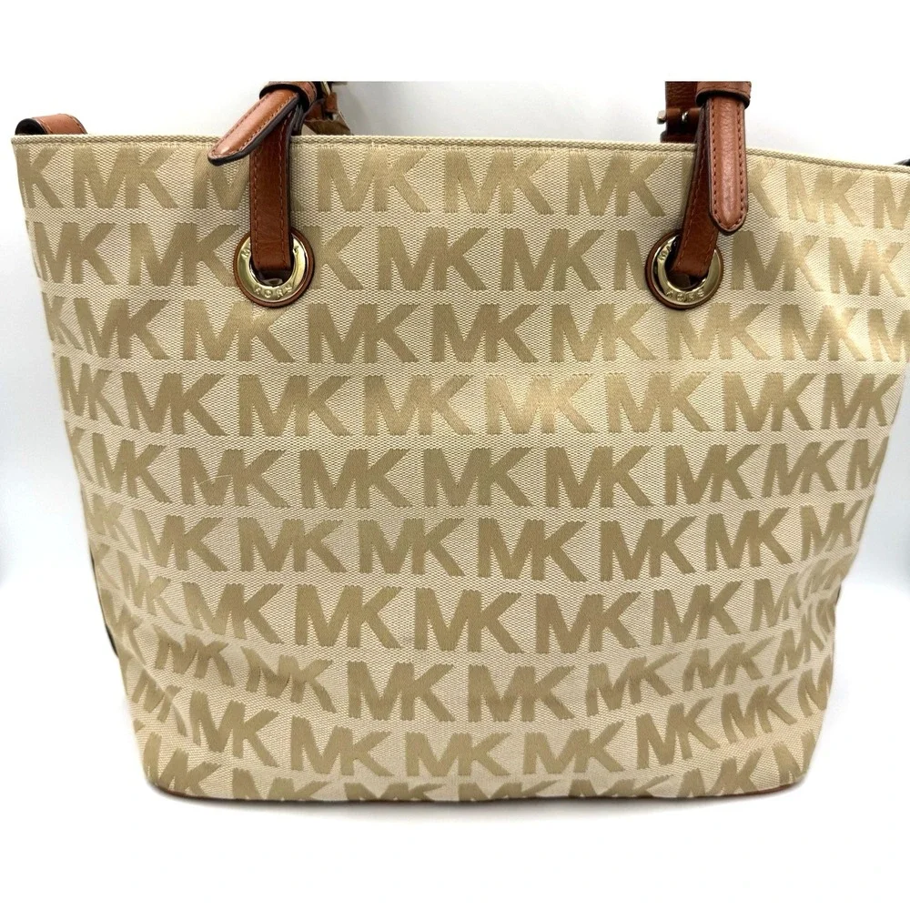 Michael Kors Jet Set MK Signature Jacquard Medium Tote Grab Bag Tan Neutral NEW‎